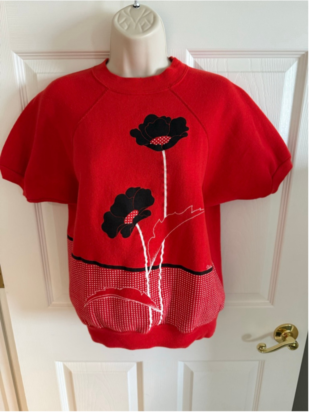 Vintage 70s Red Floral Cropped Sweatshirt Hawaii Retro Boxy Top M